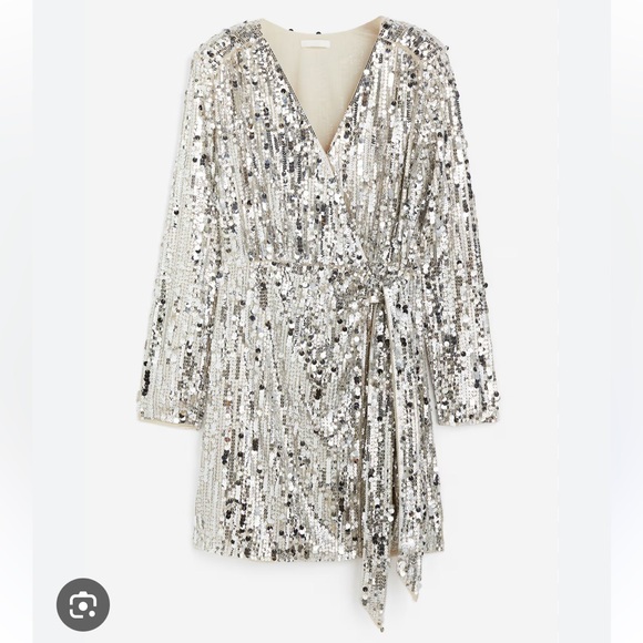 H&M Brand NWT Size 3X Beige & Silver Sequin Wrap Dress V Neck Glam NYE Party - Picture 1 of 4